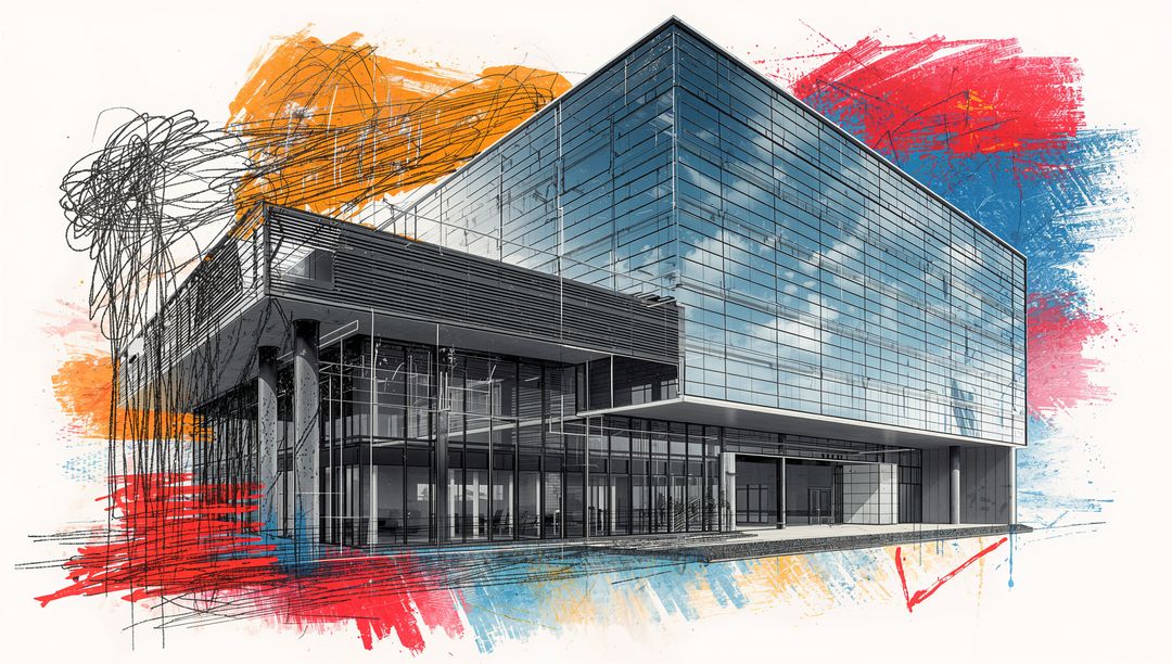 Cantilever Glass Office with Glazed Lobby and Columns — Painterly Architectural Rendering