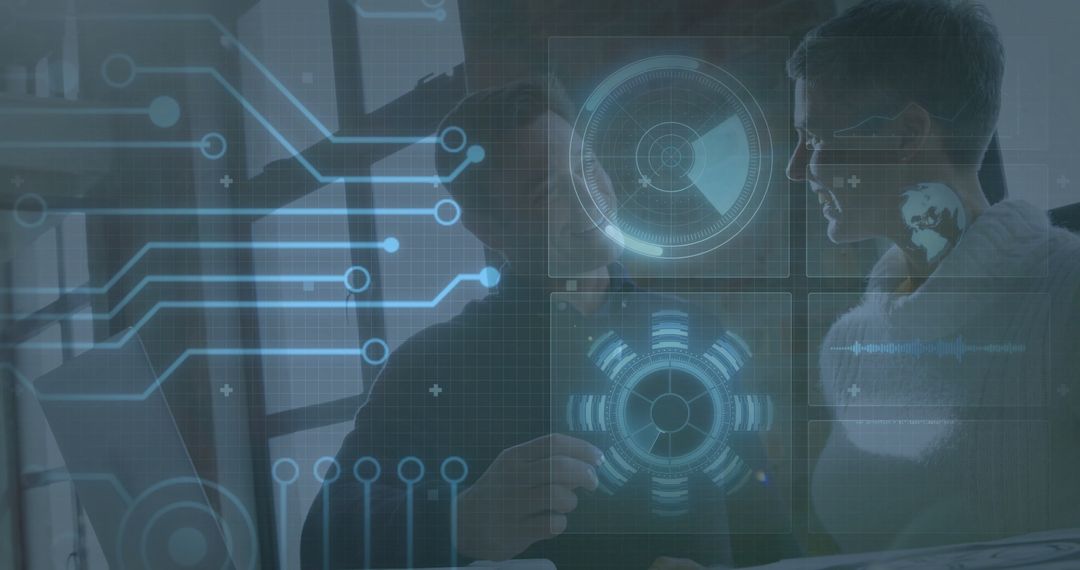 Professionals Analyzing Holographic Circuit Display Panels