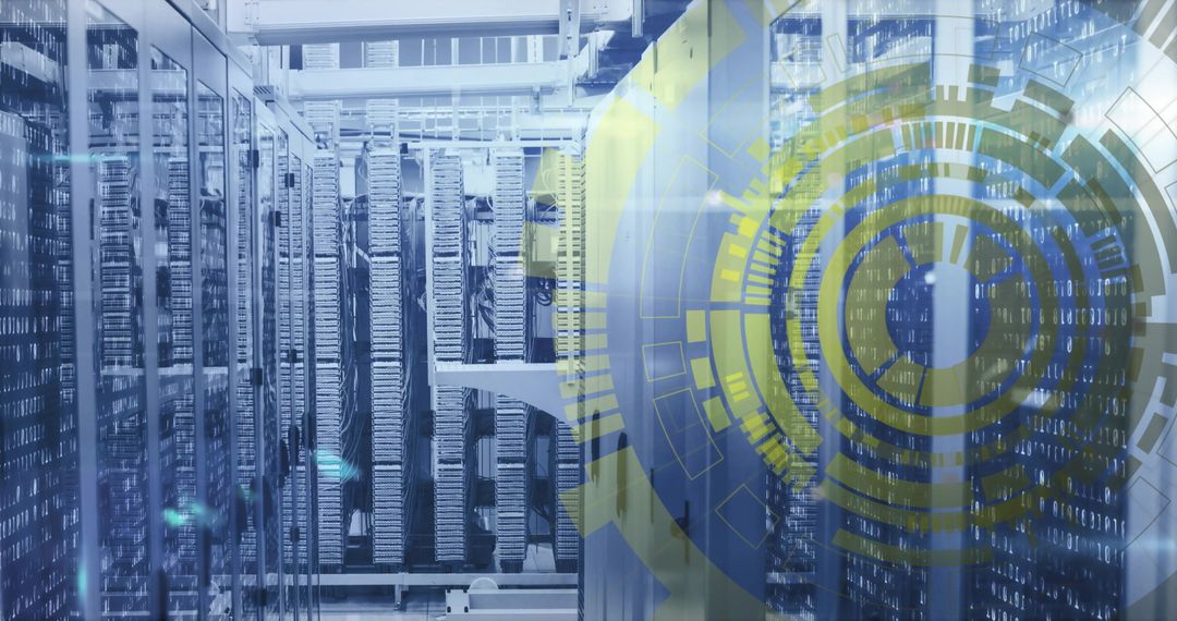 Digital Overlay on High-Tech Data Center Aisle with Central Server Racks