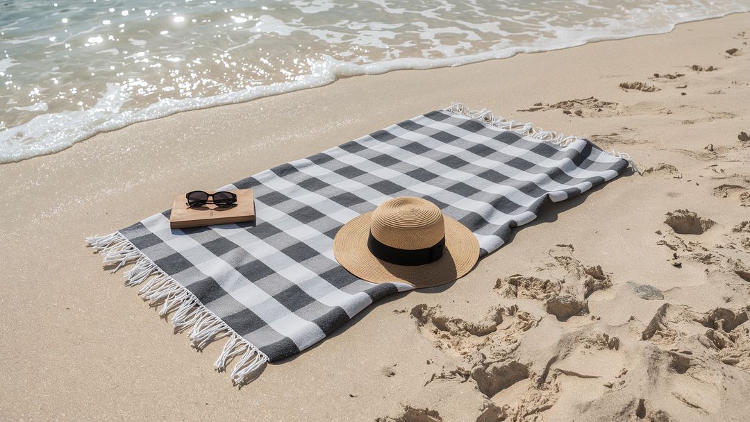 Minimalist Beach Scene with Checkered Blanket and Accessories