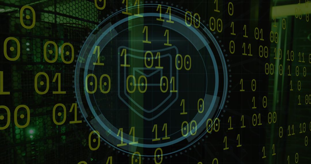 Cybersecurity Shield Over Binary Code Concept Backdrop