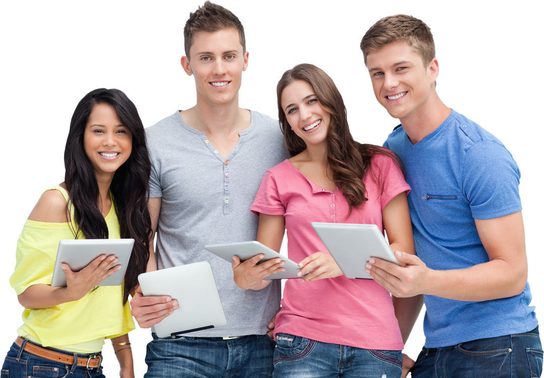 Diverse Group Smiling with Tablets on Transparent Background - Download Free Stock Images Pikwizard.com