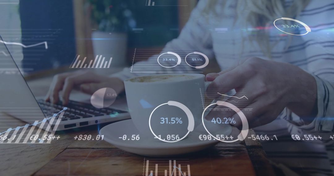 Sipping Coffee While Working on Laptop with Data Analytics Overlays for Remote Productivity and Focu