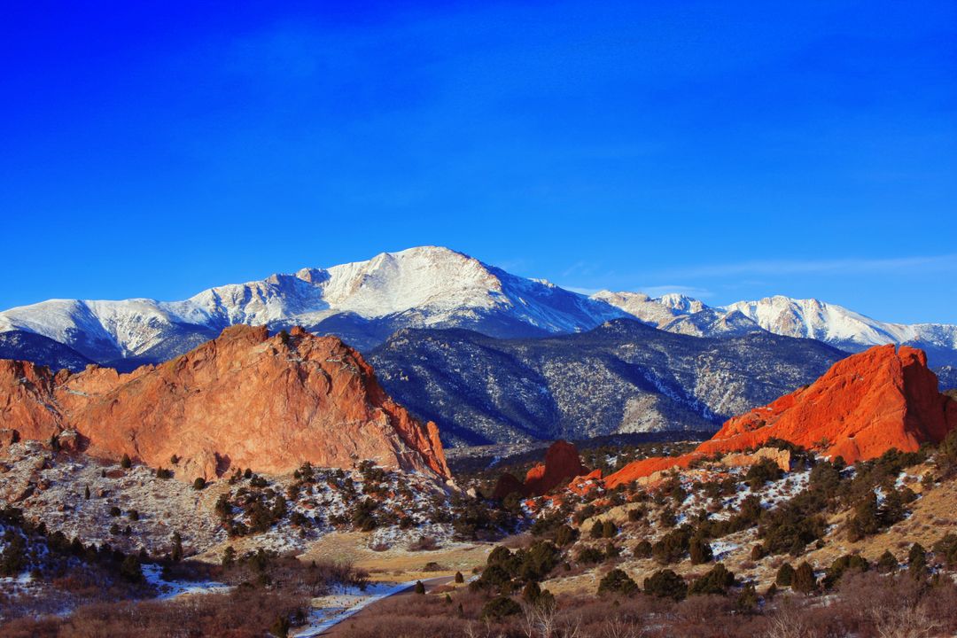 Majestic Mountain View with Red Rock Formations and Snowy Peaks
