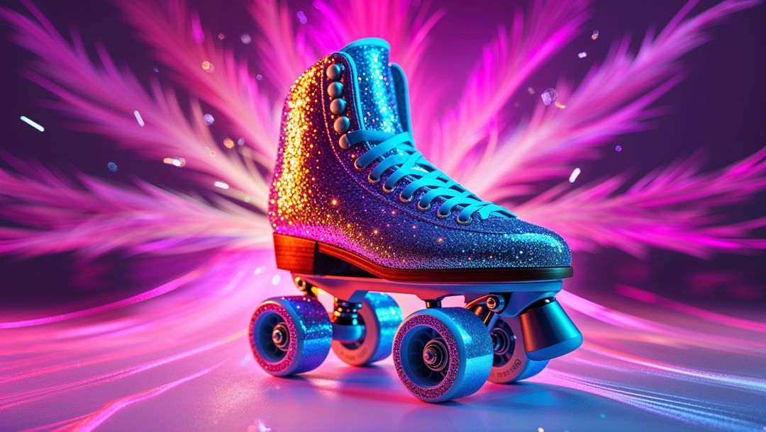 Glittery Roller Skate in Neon Studio Setting with Vibrant Neon Streaks