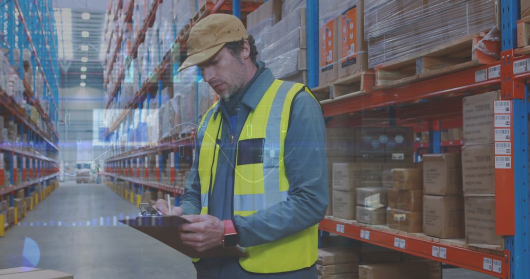 Man Inspecting Inventory in Large Modern Warehouse