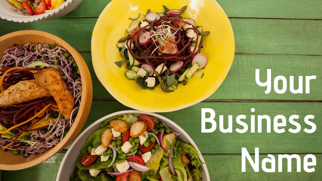 Colorful Salad Bowls on Green Background With Custom Text