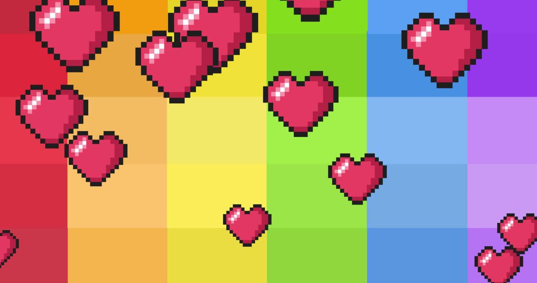 Pixel Art Hearts on Vibrant Rainbow Background for Pride Celebration
