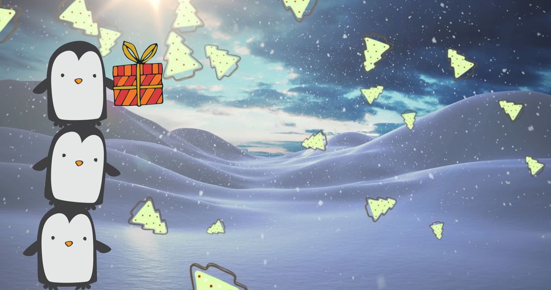 Whimsical Penguins Stacking in Snowy Winter Wonderland