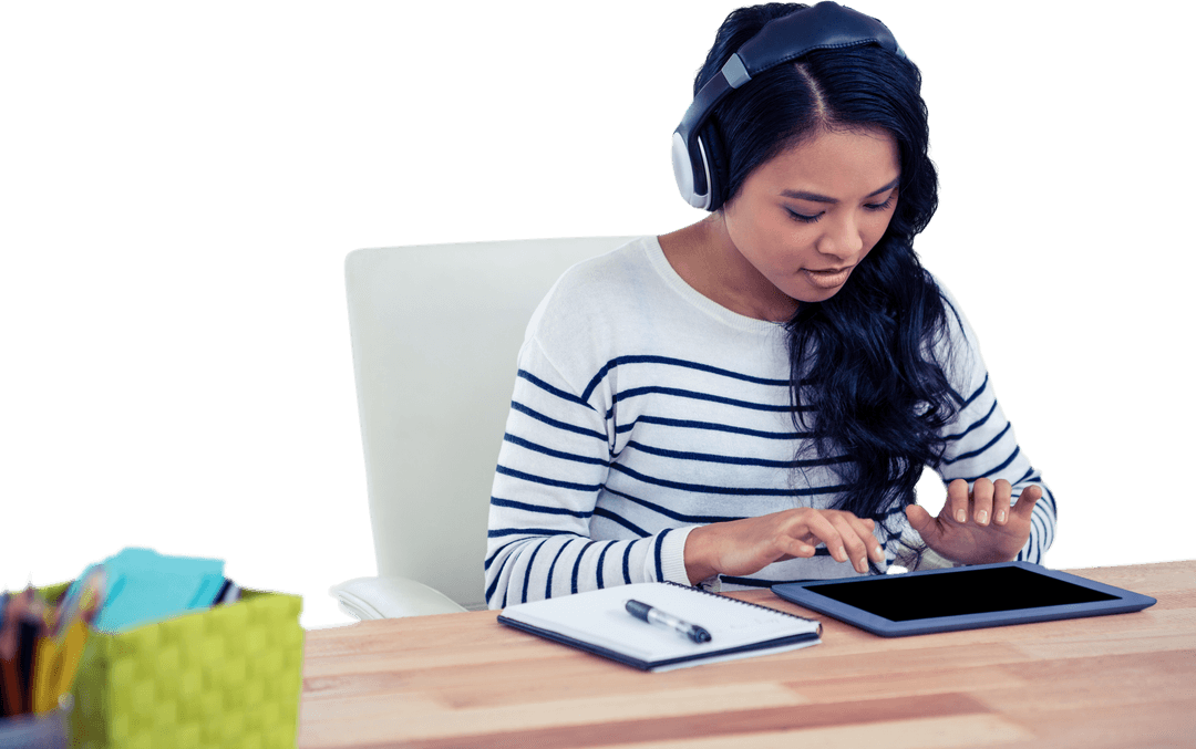 Transparent Asian Woman with Headphones Using Tablet in Office Setting