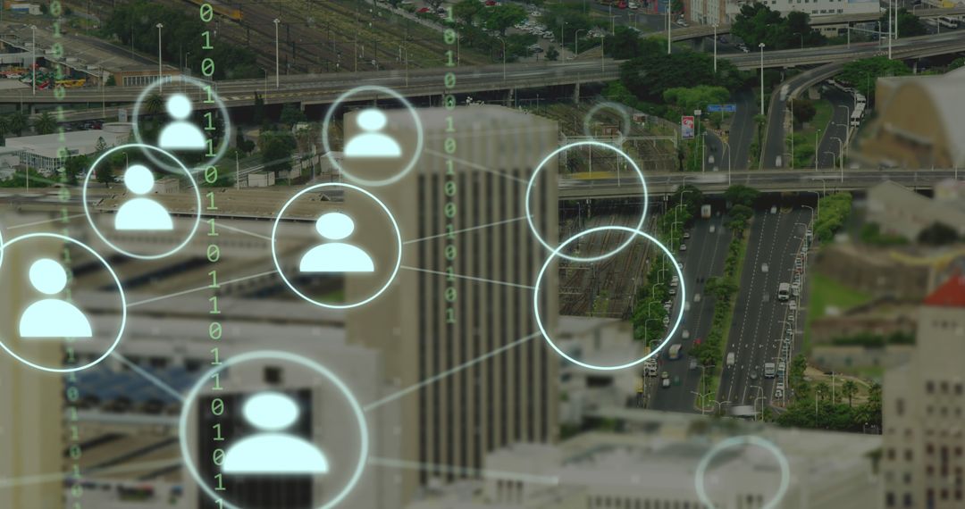 Digital Integration Over Urban Cityscape with Connection Icons