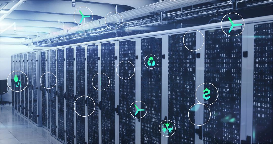 Eco-Friendly Data Center with Digital Connectivity Icons