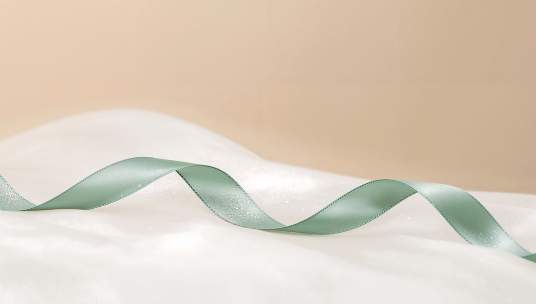 Pale Green Satin Ribbon Creating Curving S-Wave on Soft White Fabric with Glitter, Pastel