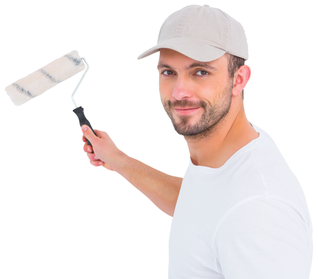 Smiling Handyman Holding Transparent Paint Roller in White Shirt and Cap - Download Free Stock Images Pikwizard.com