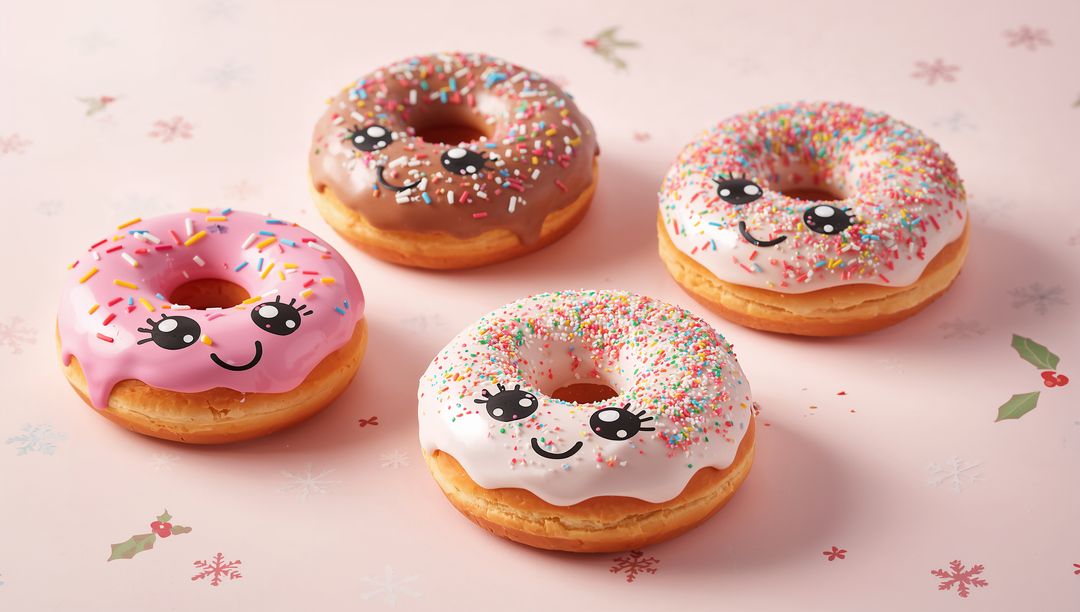 Smiling Frosted Donuts with Colorful Sprinkles on Pastel Pink Holiday Backdrop Kawaii Decor