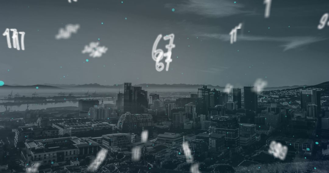 Digital Numbers Falling Over Modern Cityscape Background