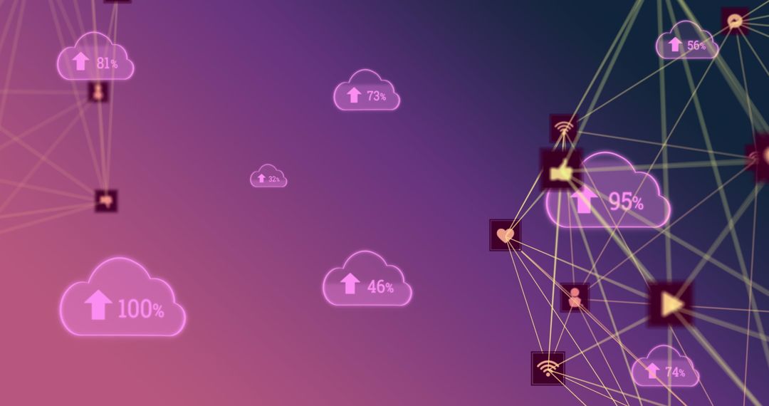 Digital Network and Cloud Data Sharing Interface on Purple Background