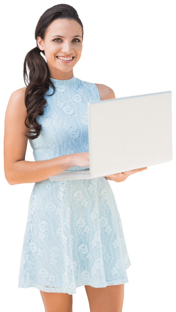 Caucasian Woman Smiling with Laptop on Transparent Background