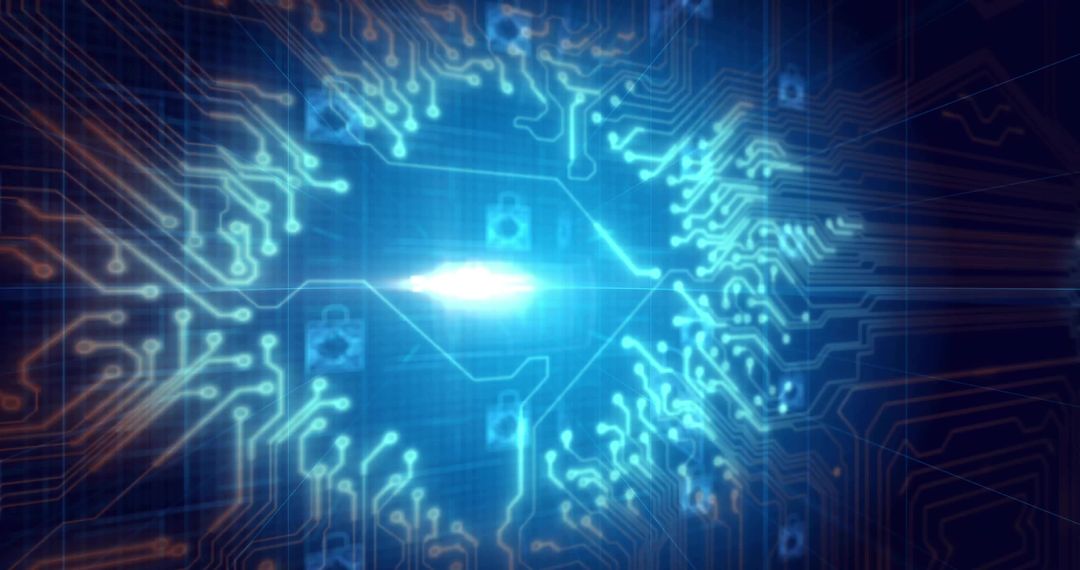 Glowing Digital Circuit Board with Security Icons and Luminous Network Paths