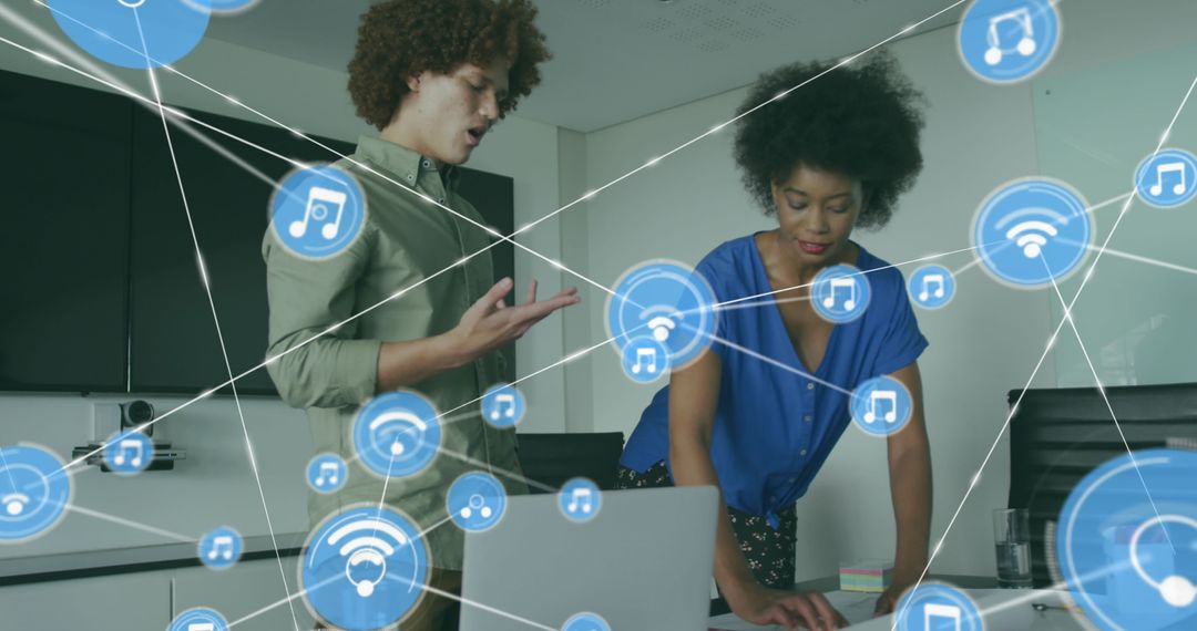 Diverse Professionals Collaborating with Digital Communication Icons