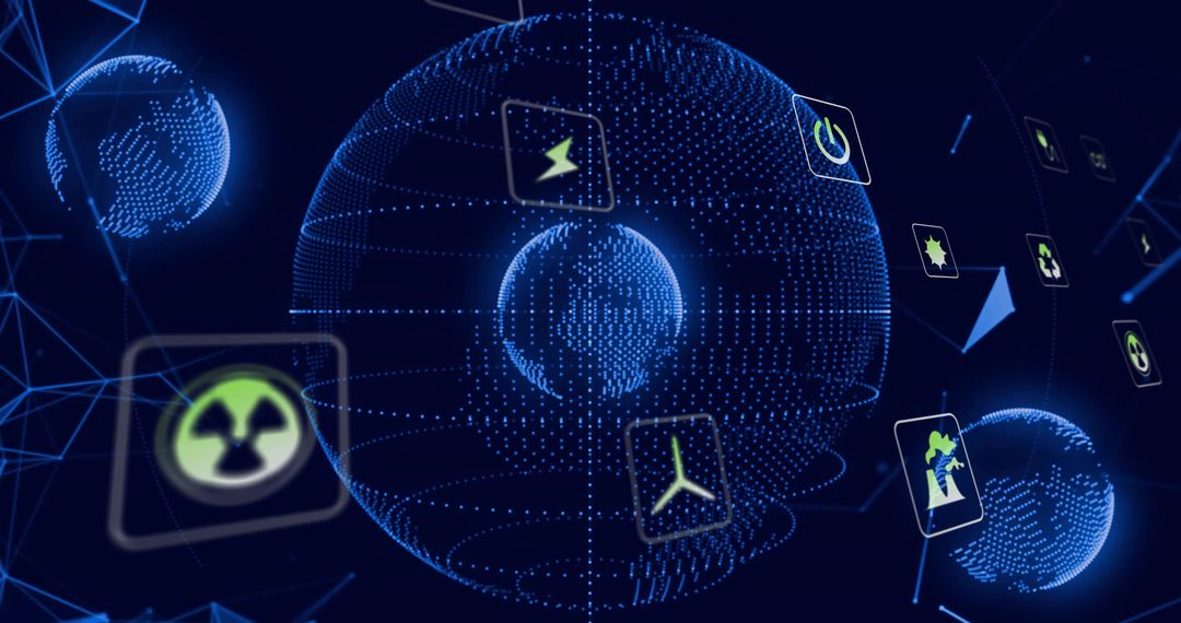 Futuristic Wireframe Globe with Neon Energy Symbols
