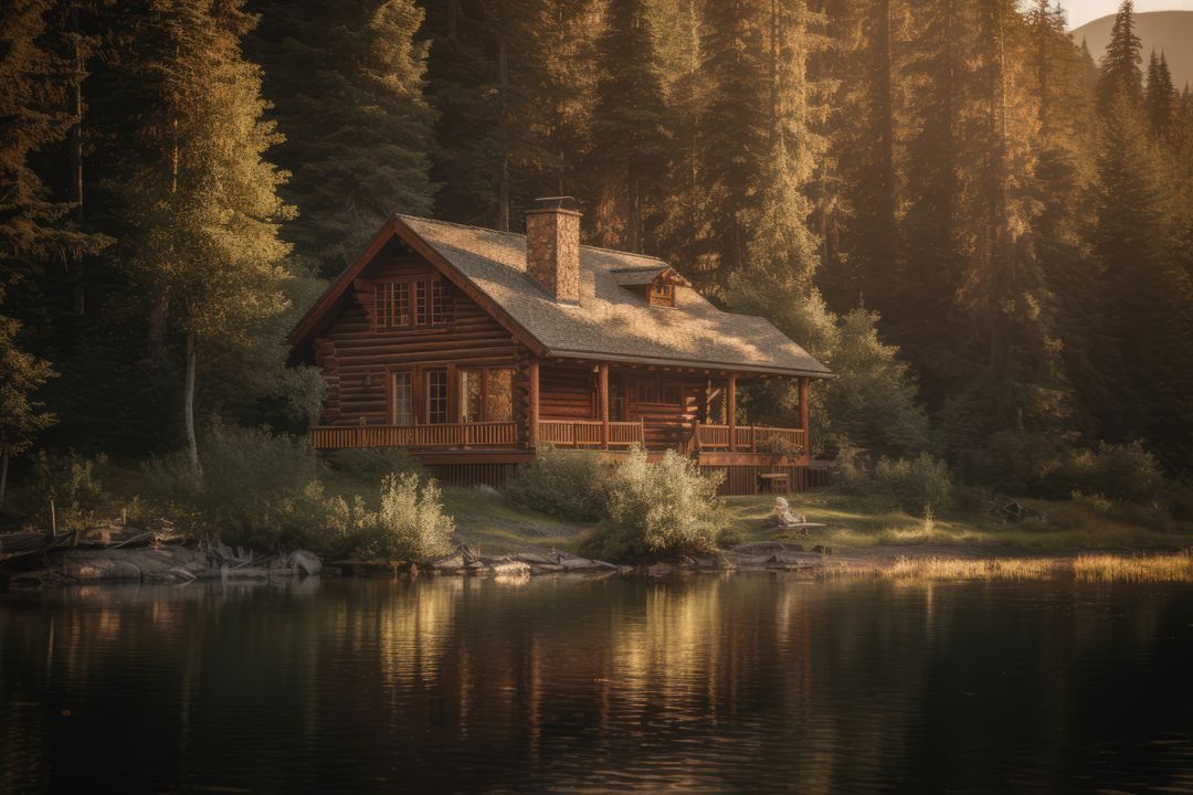 Wooden cabin in forest by lake, created using generative ai technology - Free Images, Stock Photos and Pictures on Pikwizard.com