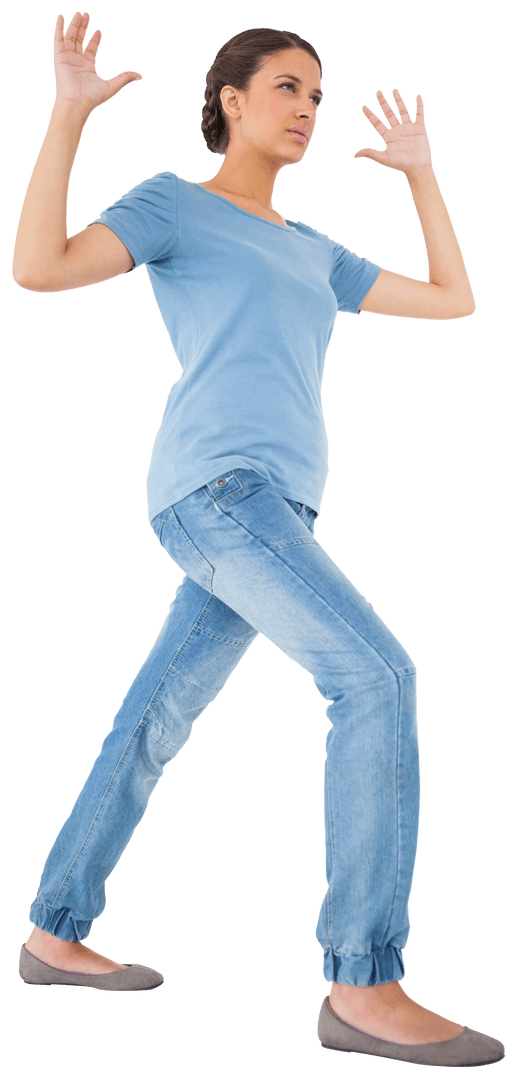 Caucasian Woman Raising Hands Gesture on Transparent Background