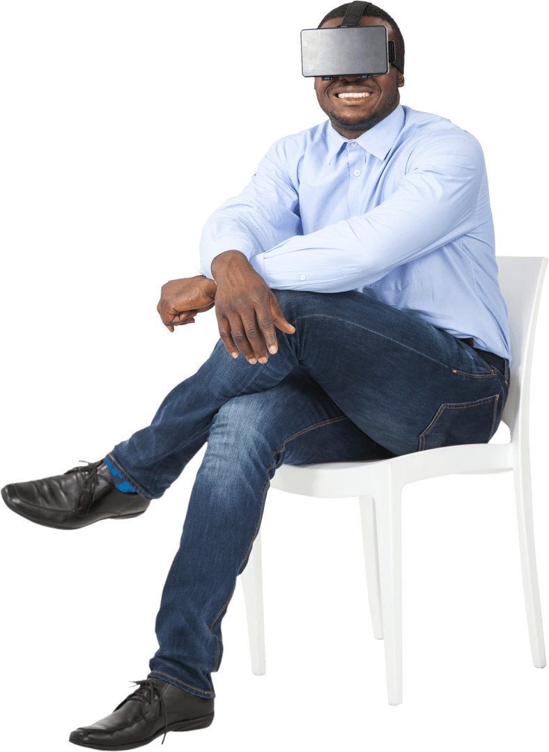 Man Sitting Using Transparent Virtual Reality Headset Laughing