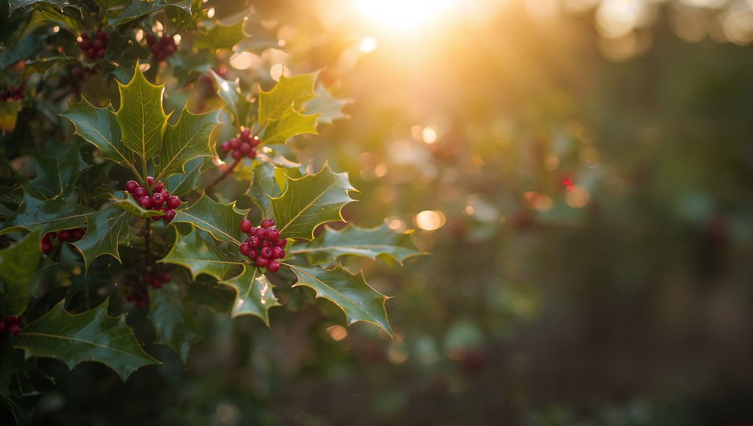 Backlit Holly Branch with Glossy Spiky Leaves and Red Berry Clusters, Golden Hour Bokeh