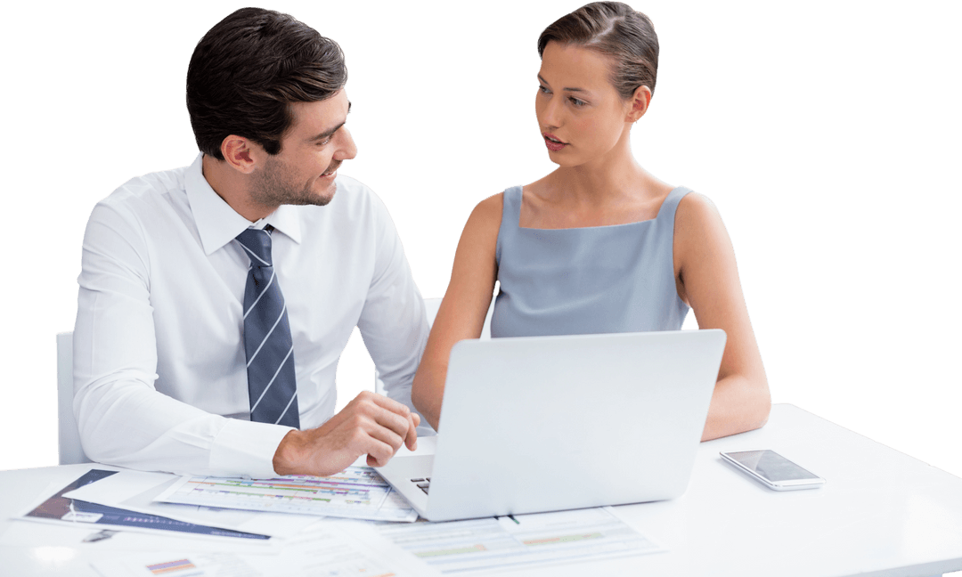 Colleagues Collaborating Over Transparent Desk with Laptop