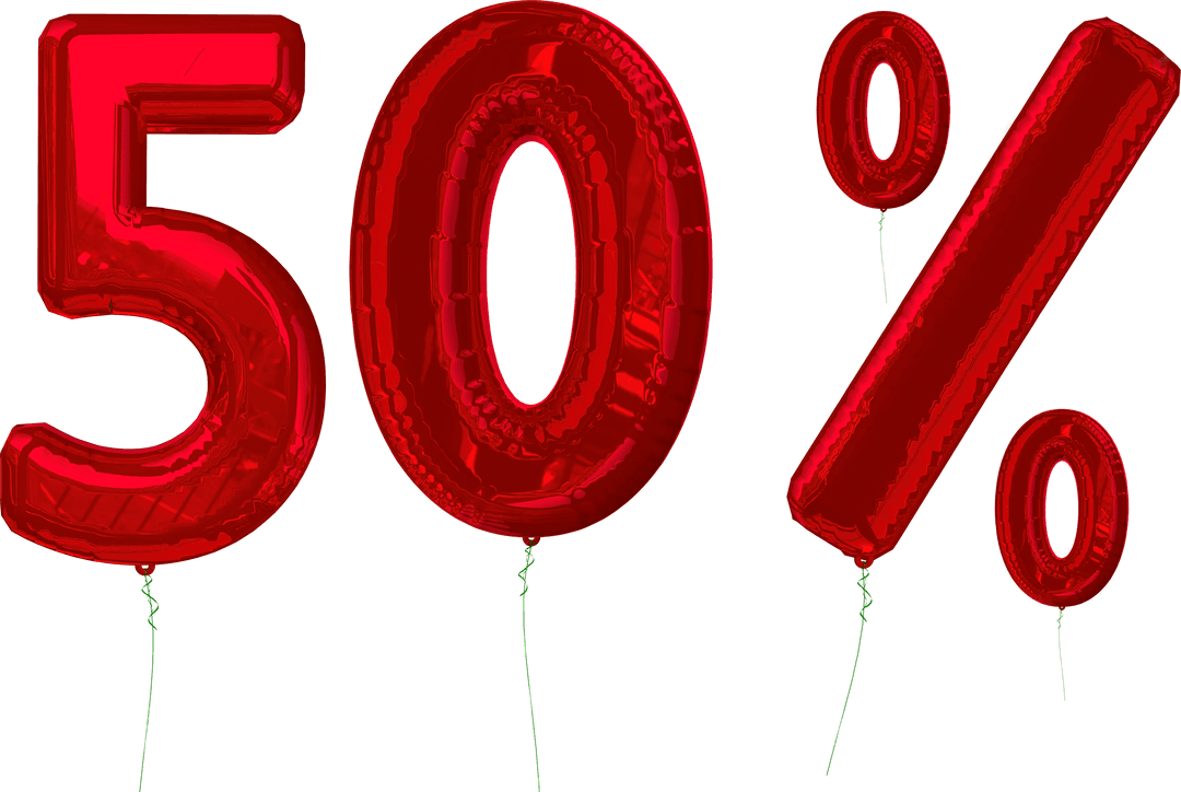 Red 50% Sale Balloons on Transparent Background for Shopping Promotions