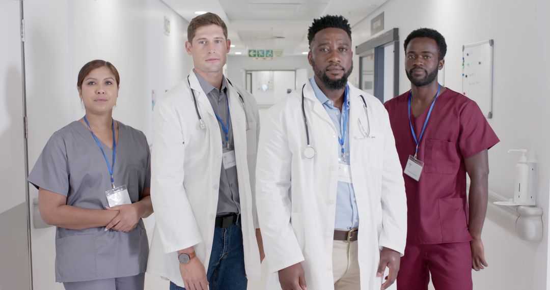 Diverse Medical Team Standing in Hospital Corridor - Free Images, Stock Photos and Pictures on Pikwizard.com