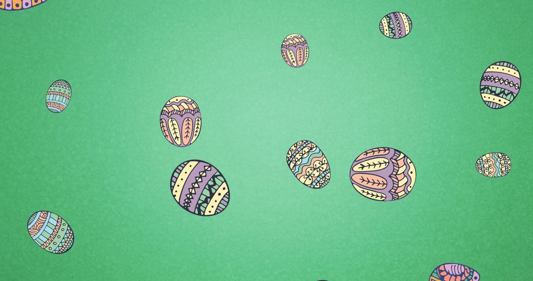 Colorful Patterned Easter Eggs Floating on Green Background