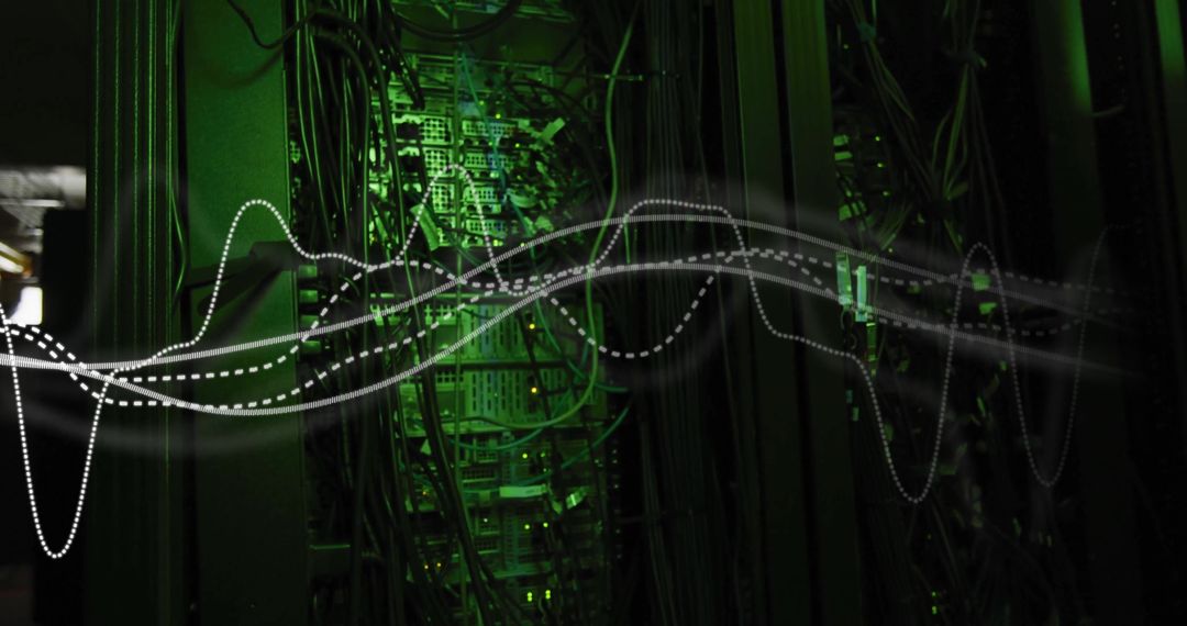 Digital Data Stream Flowing Through Server Room with Neon Effects