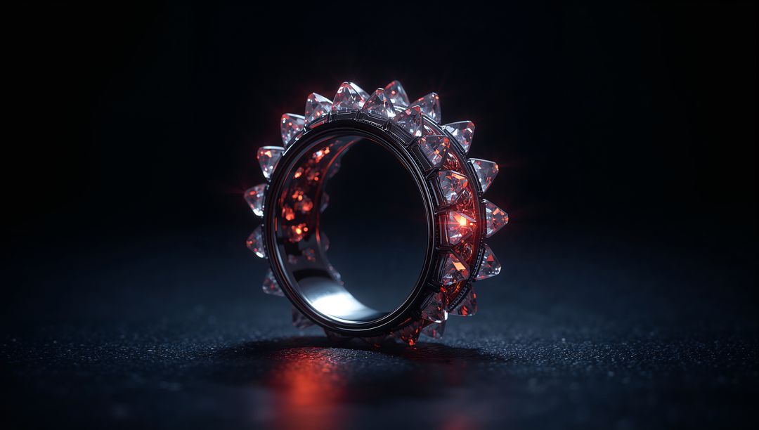 Futuristic Ring with Triangular Gemstones Radiating Red Light