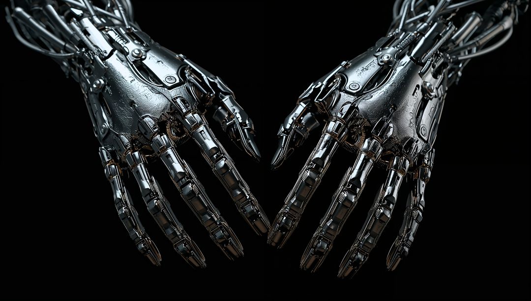 Hovering Chrome Robotic Hands Presenting Precision Cybernetic Engineering and Reflective Detail