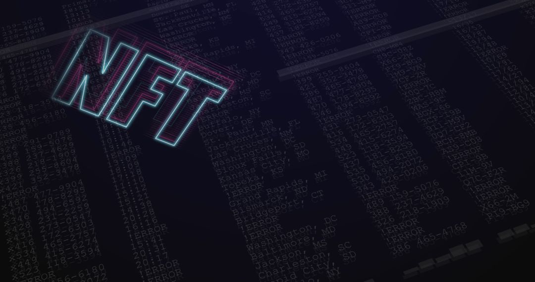 Neon NFT Graphics Over Digital Data Screen