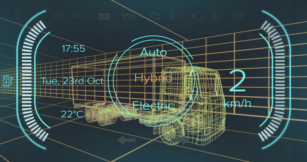 Futuristic Truck HUD Display with Hybrid Electric Drive-Mode Selector and 3D Wireframe