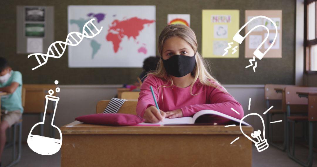 Masked Schoolchildren Studying with Science Icons