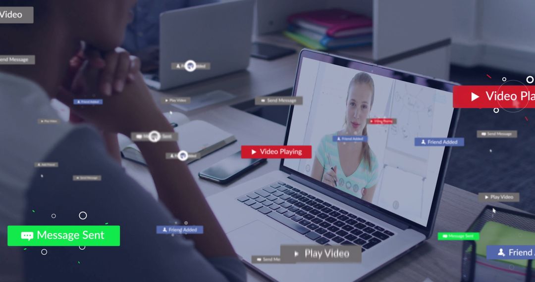 African American Woman in Video Call with Social Media Overlays