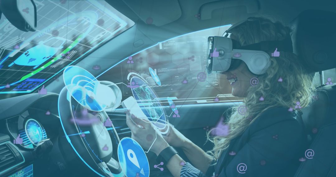 Woman in VR Headset Using Smartphone in Advanced Self-Driving Car