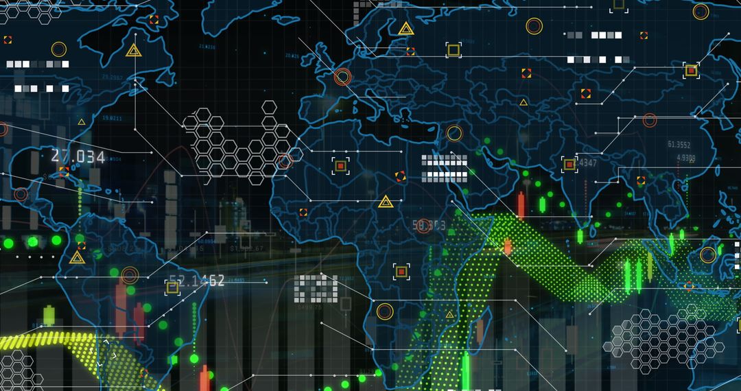 World Map with Financial Data Overlays and Night City Traffic