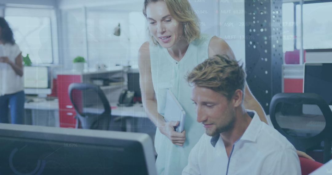 Diverse Team Collaborating in Modern Office Setting with Digital Overlay