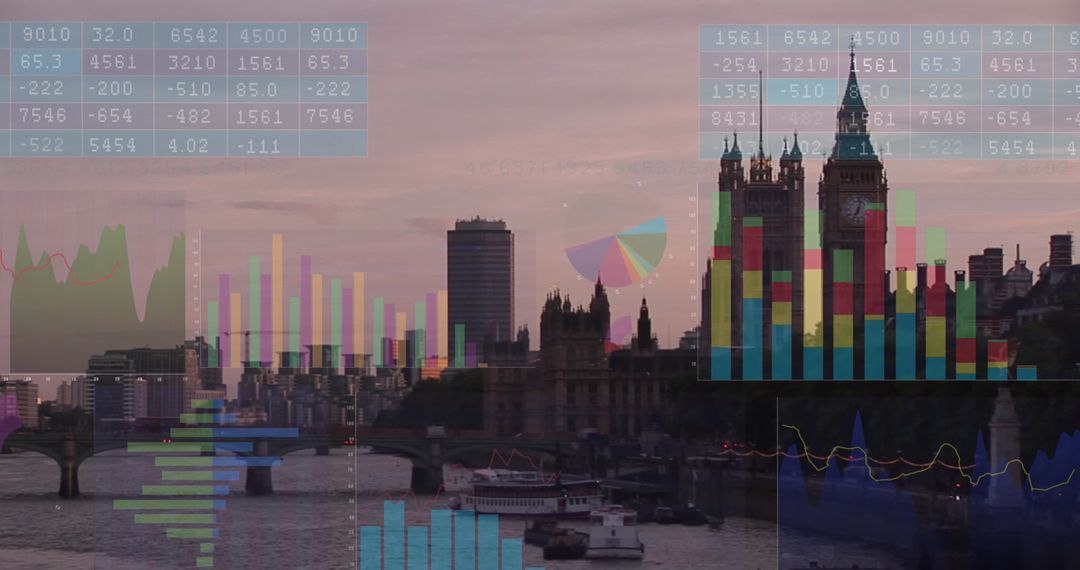 Digital Financial Data Overlaid on London Skyline