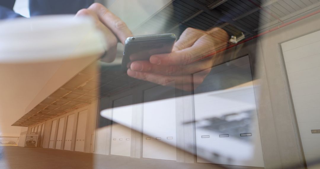 Double Exposure of Businessman on Smartphone and Warehouse