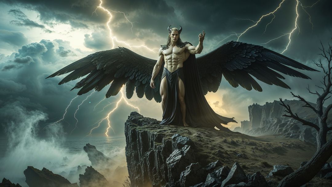 Horned winged lucifer figure standing on cliff with lightning