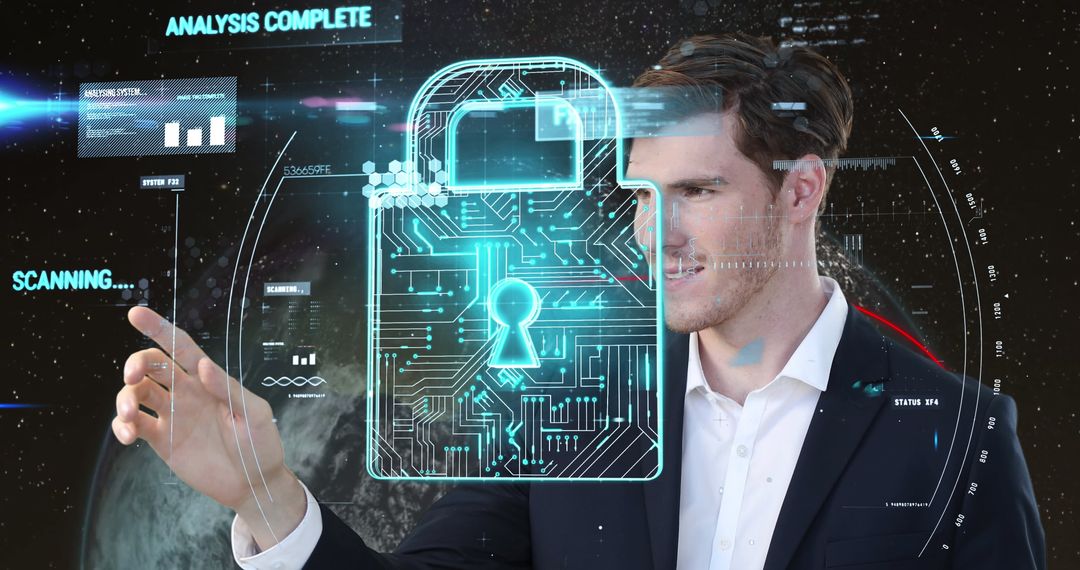 Cybersecurity Expert Interacting with Digital Interface in Space