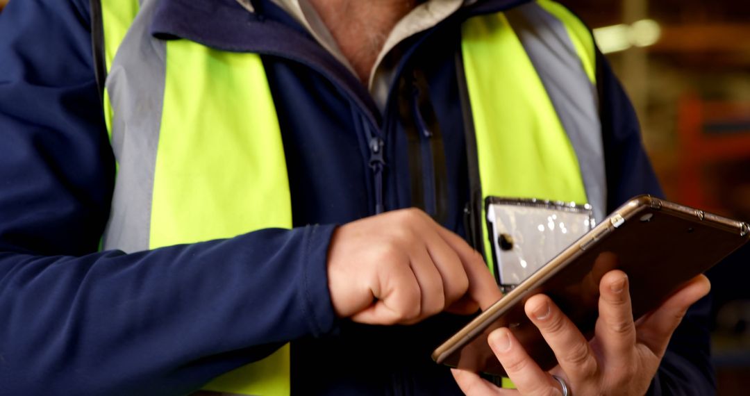 Worker with Safety Vest Using Digital Tablet in Industrial Environment - Free Images, Stock Photos and Pictures on Pikwizard.com