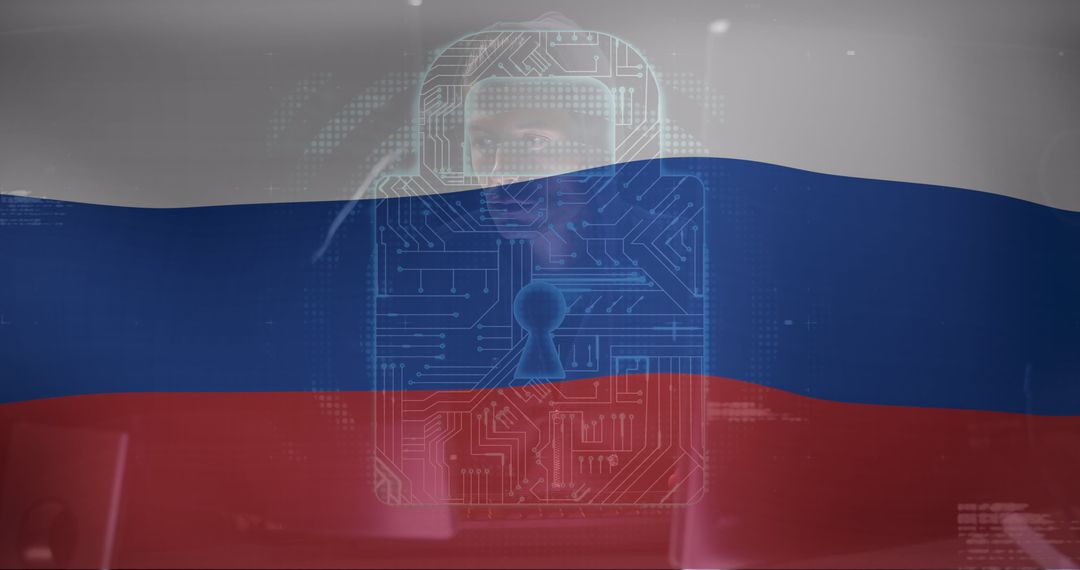 Caucasian Hacker and Cyber Security Over Russian Flag Concept