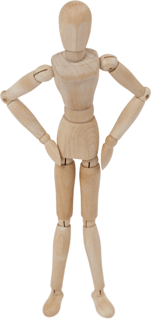 Transparent Wooden Mannequin with Hands on Hips in Confident Pose